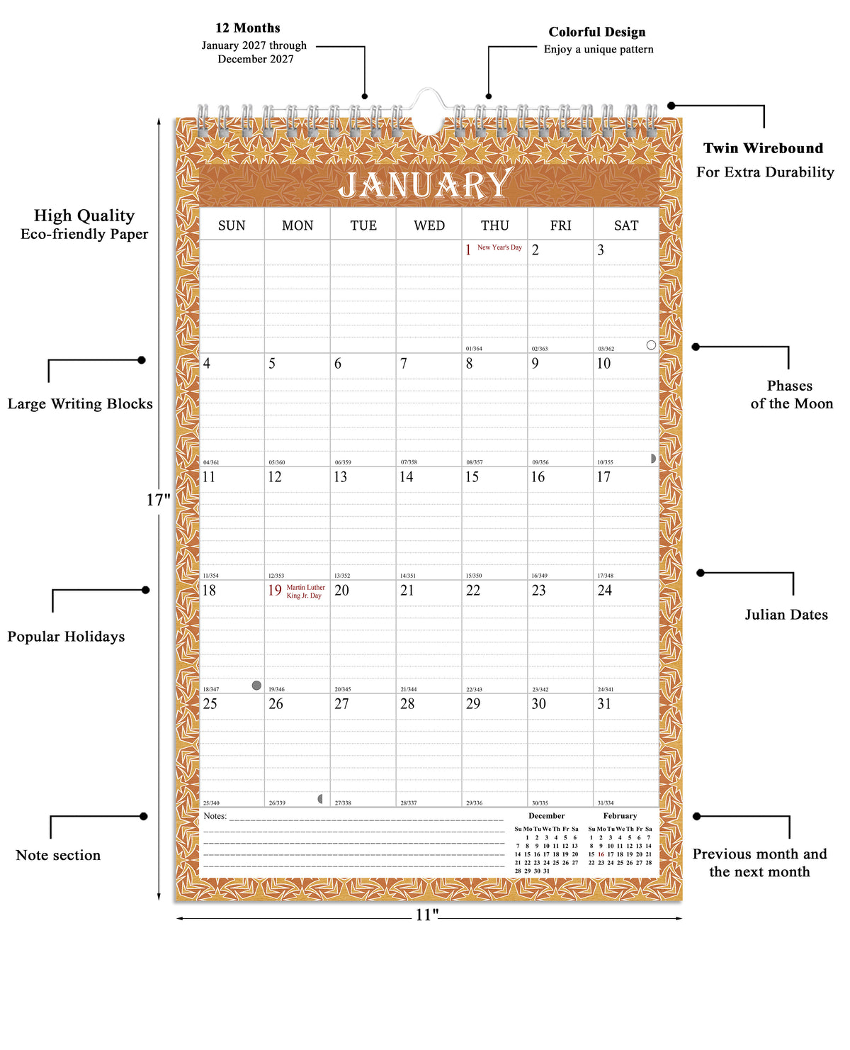 2027 Wall Calendar Spiral-Bound Twin-Wire Binding - 12 Months  02