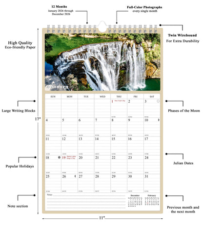2026 Wall Calendar Spiral-bound Twin-Wire Binding - 12 Months Planner - Large Ruled Blocks with Julian Dates - (Waterfalls)