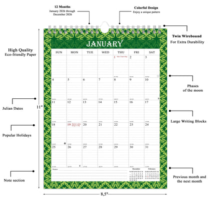 2026 Wall Calendar Spiral-Bound Twin-Wire Binding - 12 Months  13