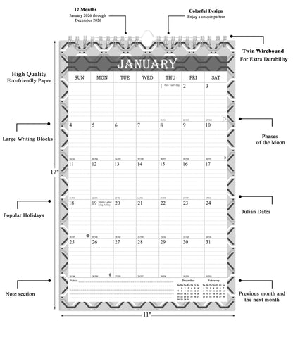 2026 Wall Calendar Spiral-Bound Twin-Wire Binding - 12 Months 03 B&W