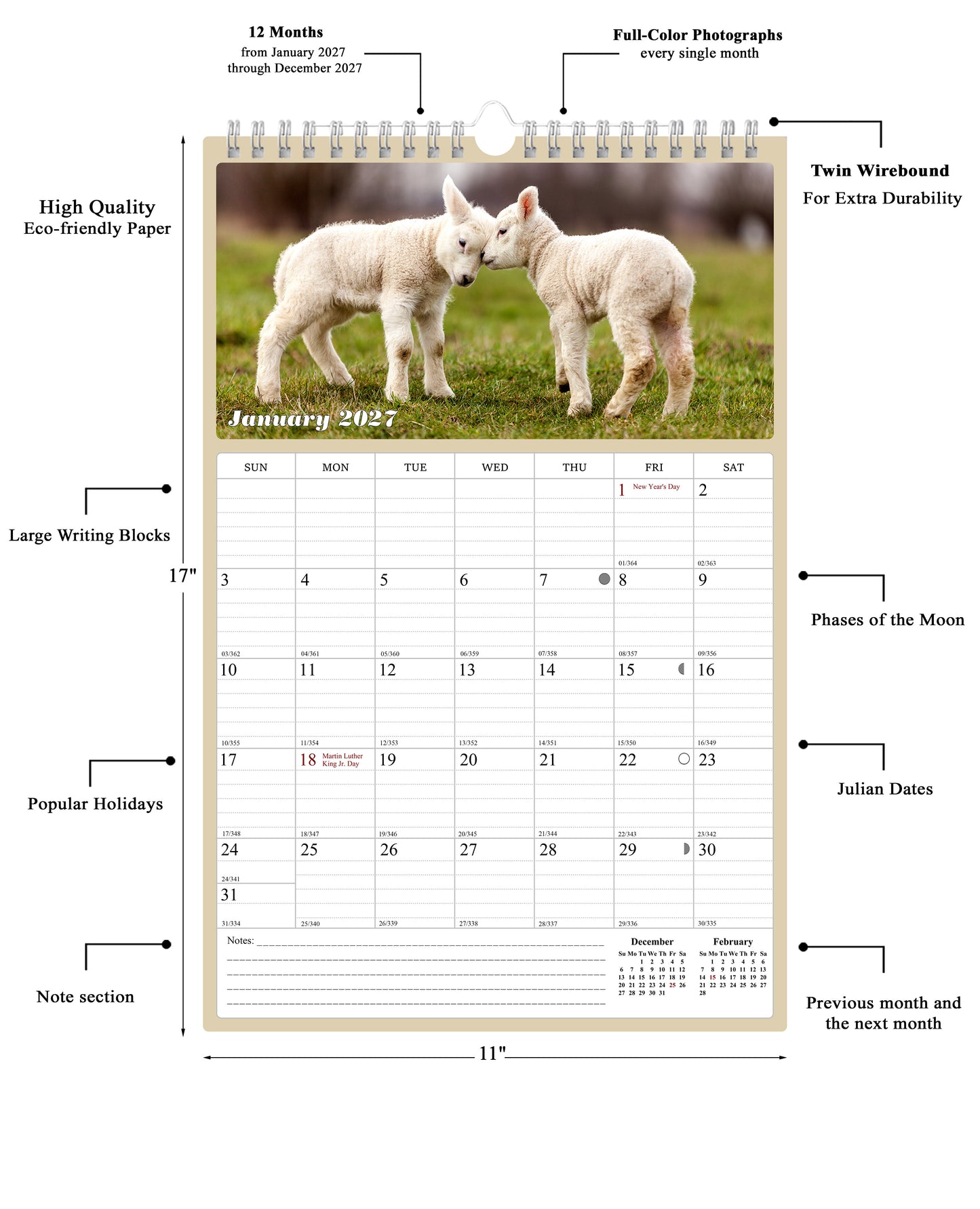 2027 Wall Calendar Spiral-bound Twin-Wire Binding - 12 Months Planner - Large Ruled Blocks with Julian Dates - (Baby Animals)