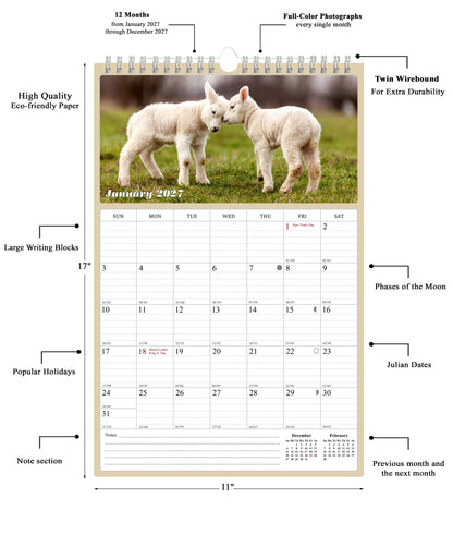 2027 Wall Calendar Spiral-bound Twin-Wire Binding - 12 Months Planner - Large Ruled Blocks with Julian Dates - (Baby Animals)