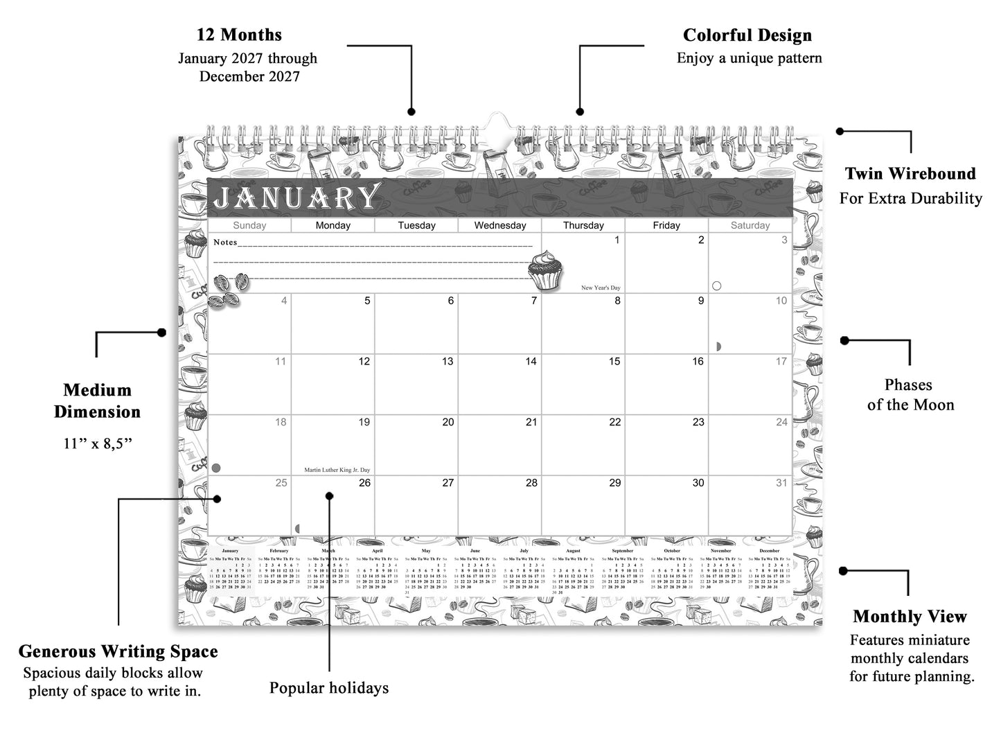 2026-2027 Monthly Spiral-Bound Wall/Desk Calendar - Desktop/Wall Blotter Calendar/Planner - (Edition B&W #030)