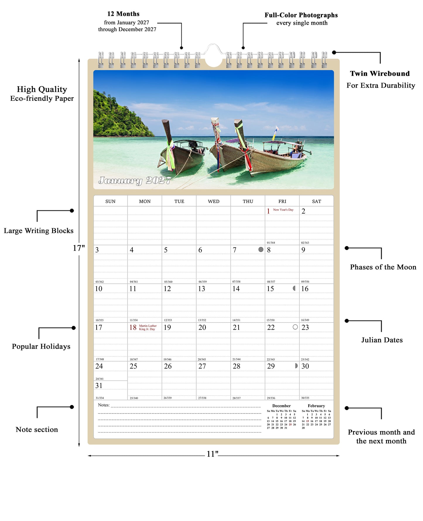 2027 Wall Calendar Spiral-bound Twin-Wire Binding - 12 Months Planner - Large Ruled Blocks with Julian Dates - (Beaches)