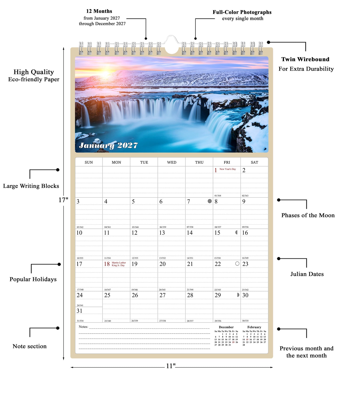 2027 Wall Calendar Spiral-bound Twin-Wire Binding - 12 Months Planner - Large Ruled Blocks with Julian Dates - (Sunset&Sunrise)