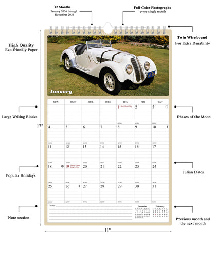 2026 Wall Calendar Spiral-bound Twin-Wire Binding - 12 Months Planner - Large Ruled Blocks with Julian Dates - (Classic Cars)