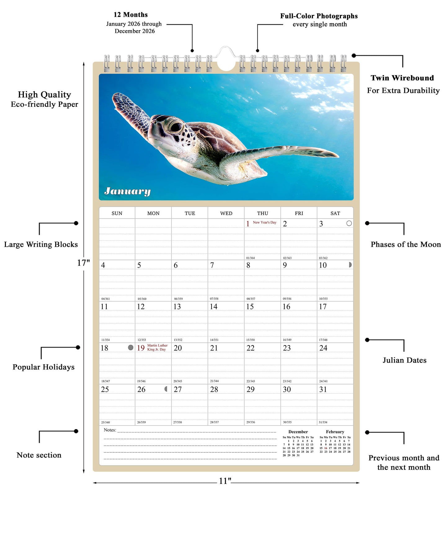 2026 Wall Calendar Spiral-bound Twin-Wire Binding - 12 Months Planner - Large Ruled Blocks with Julian Dates - (Turtles)