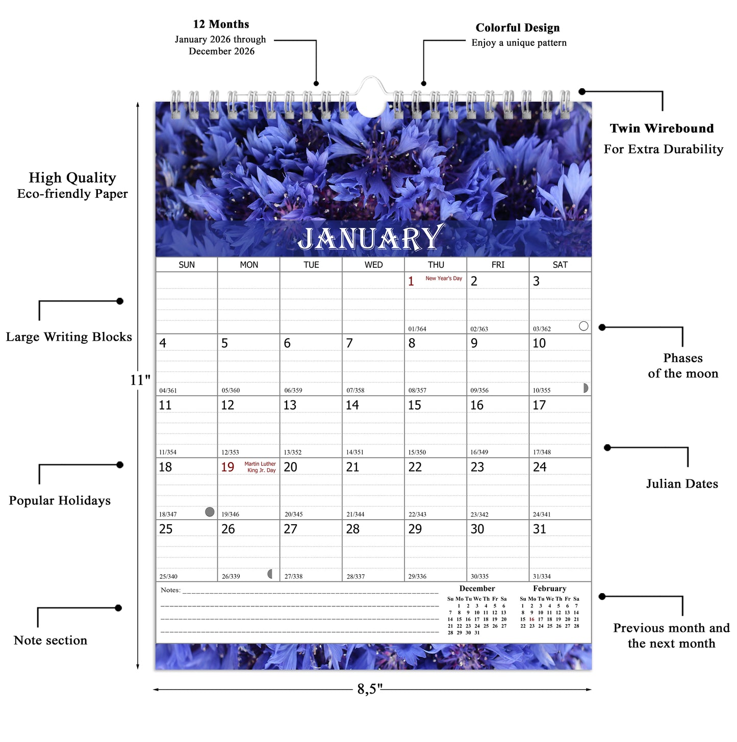 2026 Wall Calendar Spiral-Bound Twin-Wire Binding - 12 Months  04
