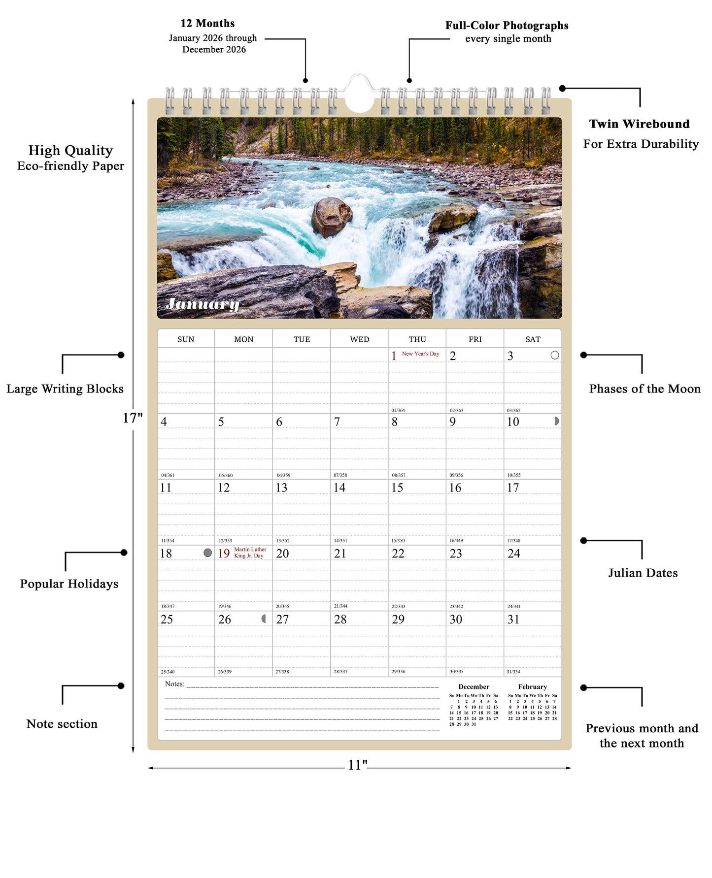 2026 Wall Calendar Spiral-bound Twin-Wire Binding - 12 Months Planner - Large Ruled Blocks with Julian Dates - (The Great Outdoors)