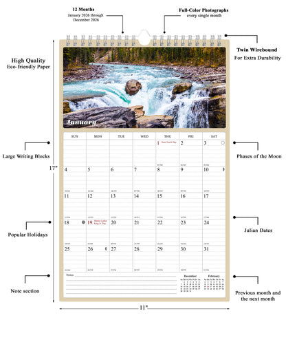 2026 Wall Calendar Spiral-bound Twin-Wire Binding - 12 Months Planner - Large Ruled Blocks with Julian Dates - (The Great Outdoors)