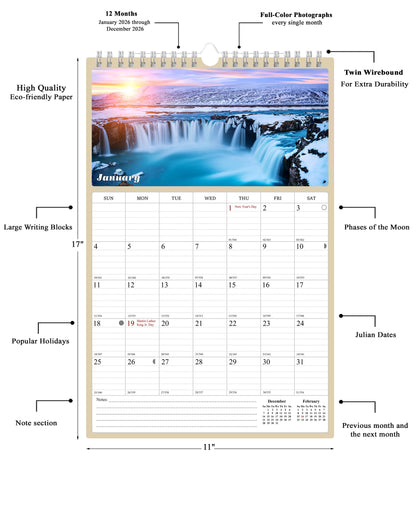 2026 Wall Calendar Spiral-bound Twin-Wire Binding - 12 Months Planner - Large Ruled Blocks with Julian Dates - (Sunset&Sunrise)