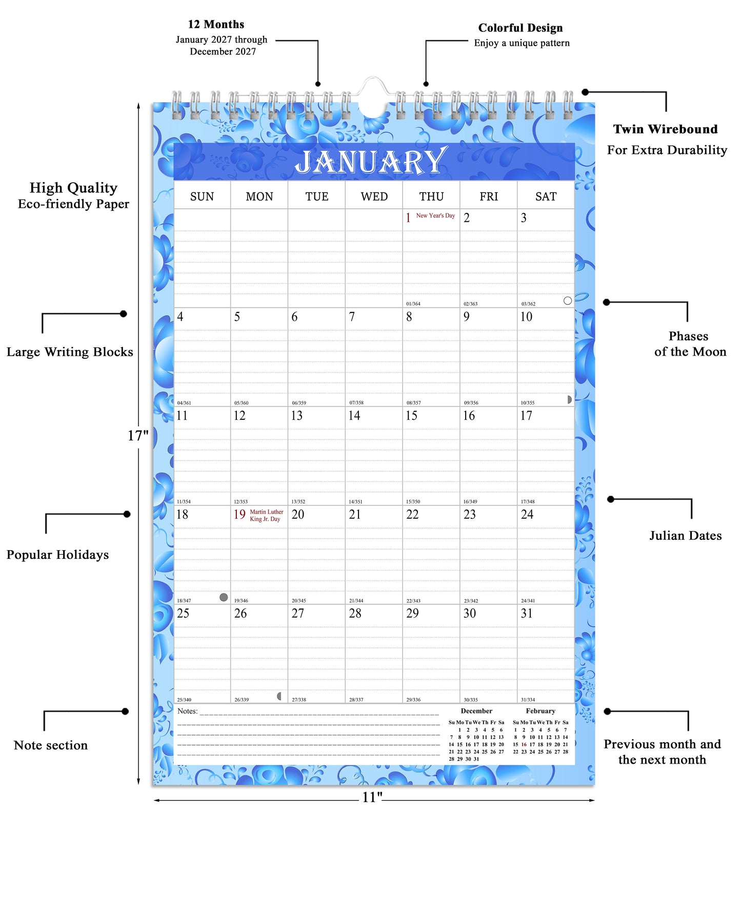 2027 Wall Calendar Spiral-Bound Twin-Wire Binding - 12 Months  15