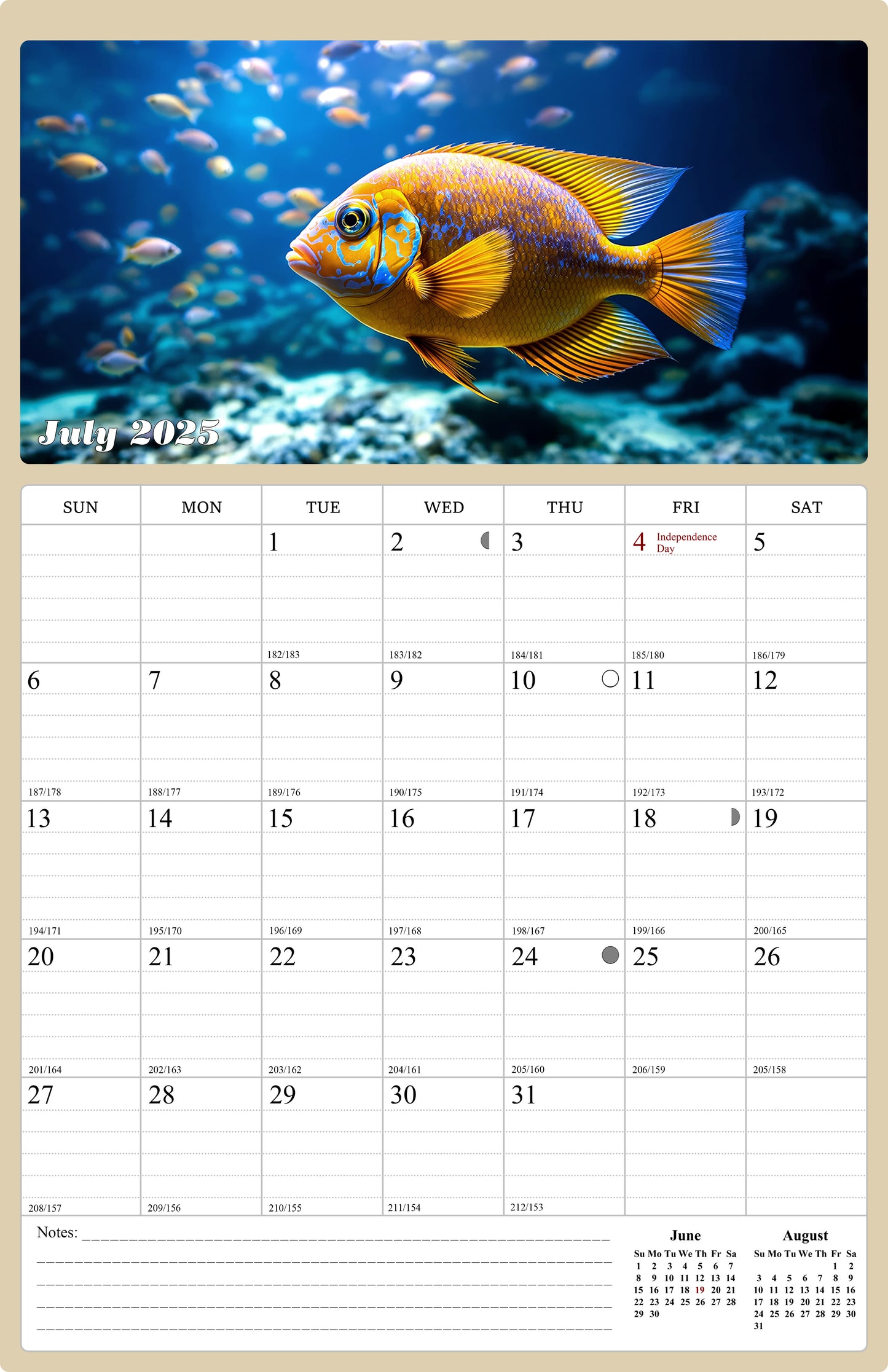 2025 - 2026 Wall Calendar Spiral-bound Twin-Wire Binding - 18 Months Planner - Large Ruled Blocks with Julian Dates - (Tropical Fishes)