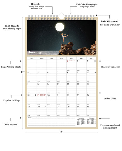 2026 Wall Calendar Spiral-bound Twin-Wire Binding - 12 Months Planner - Large Ruled Blocks with Julian Dates - (Lunar)