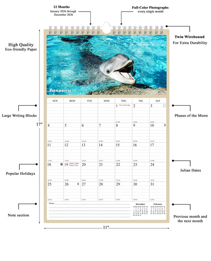 2026 Wall Calendar Spiral-bound Twin-Wire Binding - 12 Months Planner - Large Ruled Blocks with Julian Dates - (Dolphins)