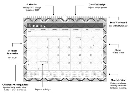 2026-2027 Monthly Spiral-Bound Wall/Desk Calendar - Desktop/Wall Blotter Calendar/Planner - (Edition Geometric B&W #04)