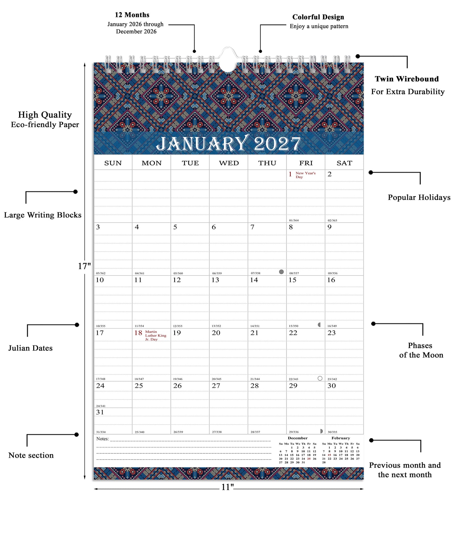2027 Wall Calendar Spiral-Bound Twin-Wire Binding - 12 Months  18
