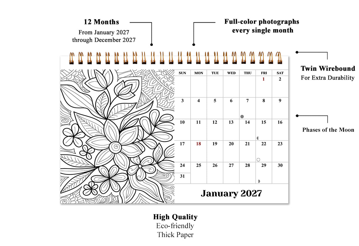 2027-12 Months Desk Coloring Calendar Desktop Planner with To-Do List (Flowers)