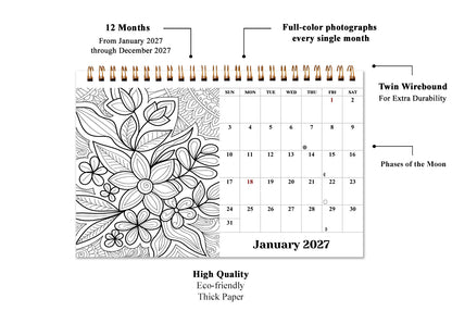 2027-12 Months Desk Coloring Calendar Desktop Planner with To-Do List (Flowers)
