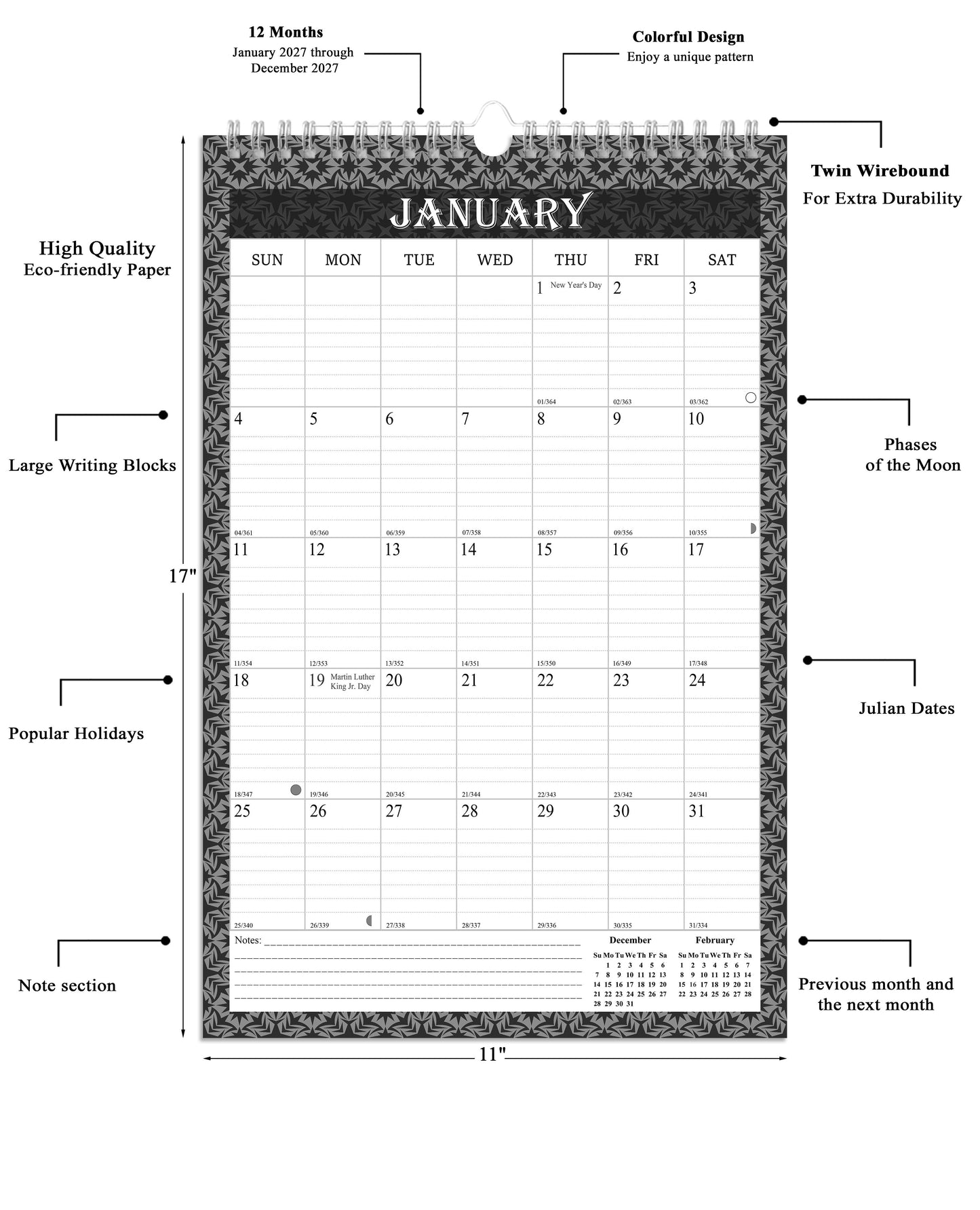 2027 Wall Calendar Spiral-Bound Twin-Wire Binding - 12 Months  014 B&W