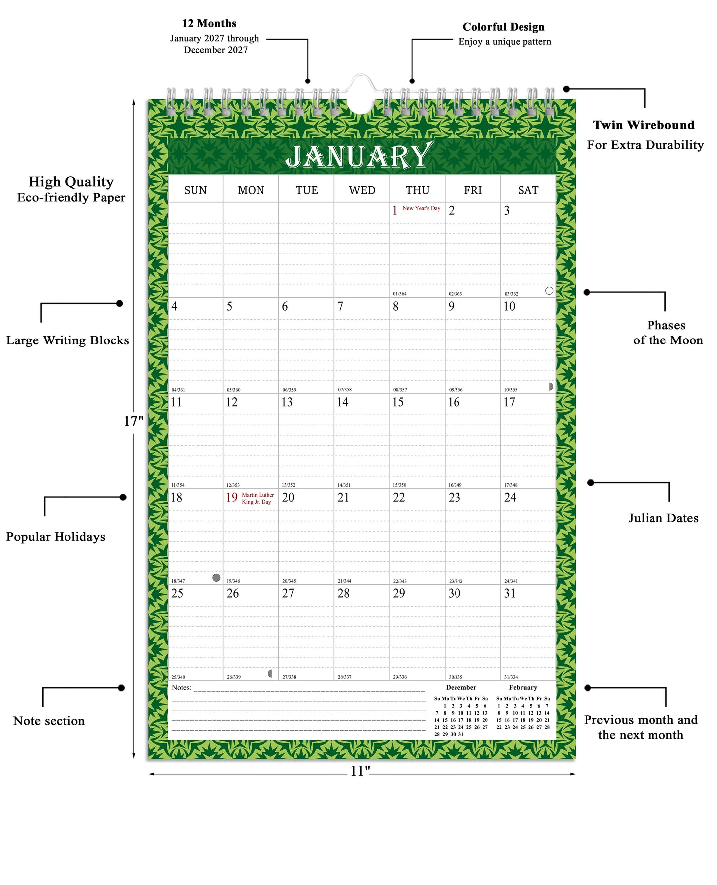 2027 Wall Calendar Spiral-Bound Twin-Wire Binding - 12 Months  13