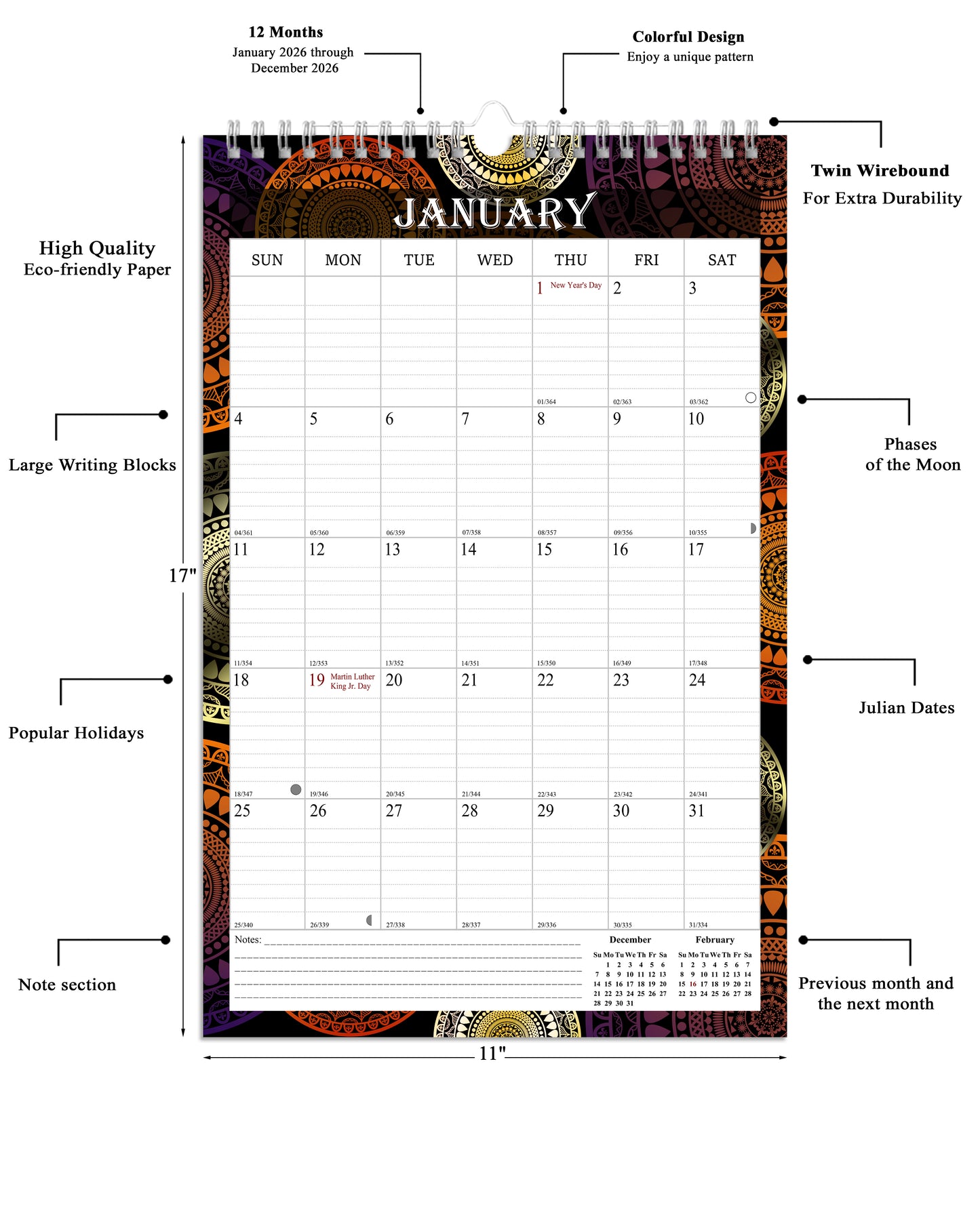 2026 Wall Calendar Spiral-Bound Twin-Wire Binding - 12 Months  09
