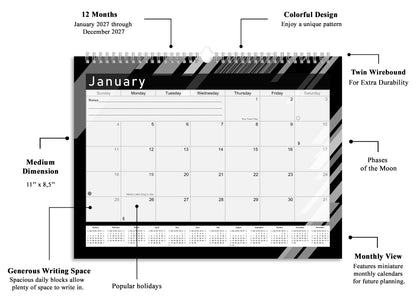 2026-2027 Monthly Spiral-Bound Wall/Desk Calendar - Desktop/Wall Blotter Calendar/Planner - (Edition B&W #013)