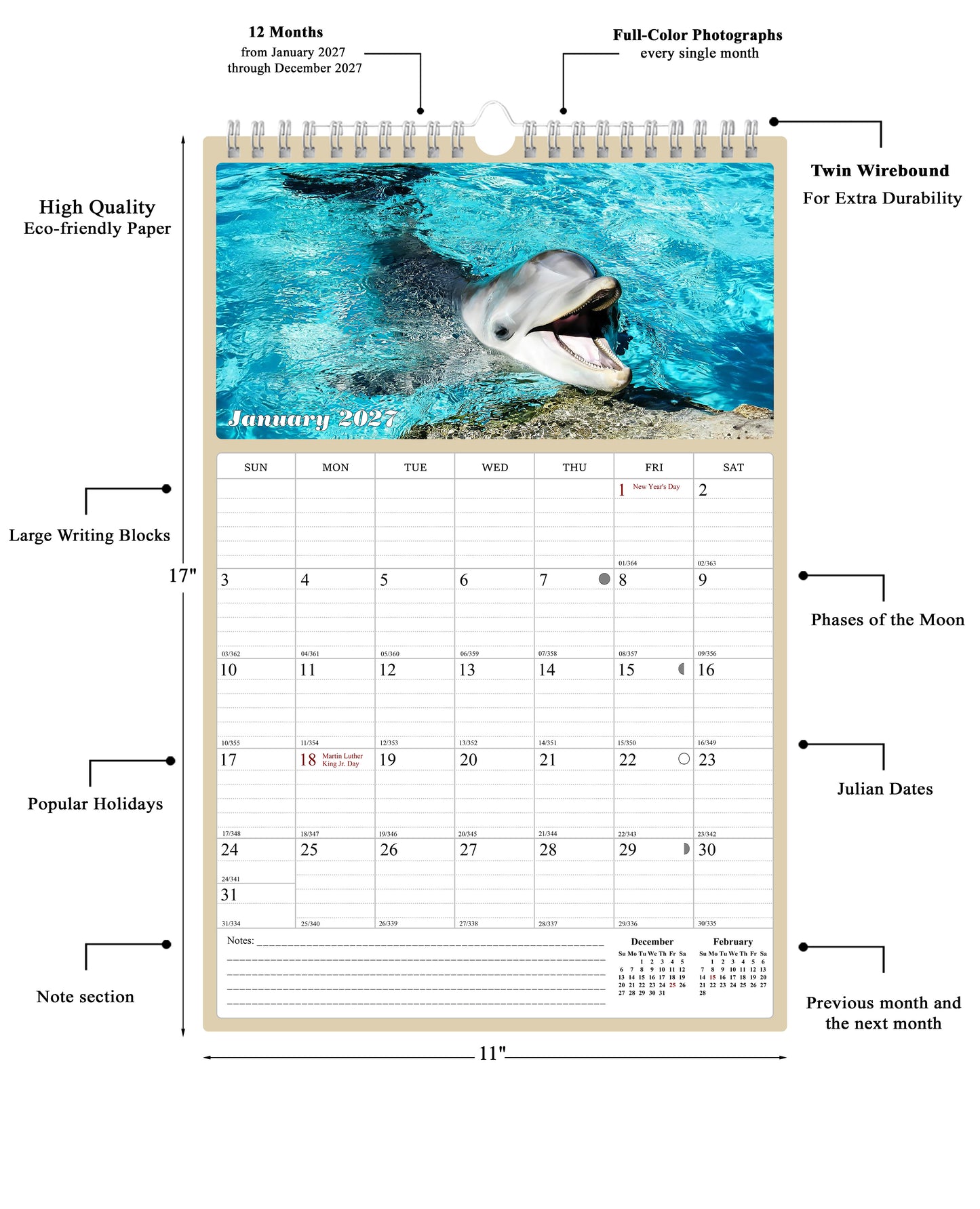 2027 Wall Calendar Spiral-bound Twin-Wire Binding - 12 Months Planner - Large Ruled Blocks with Julian Dates - (Dolphins)