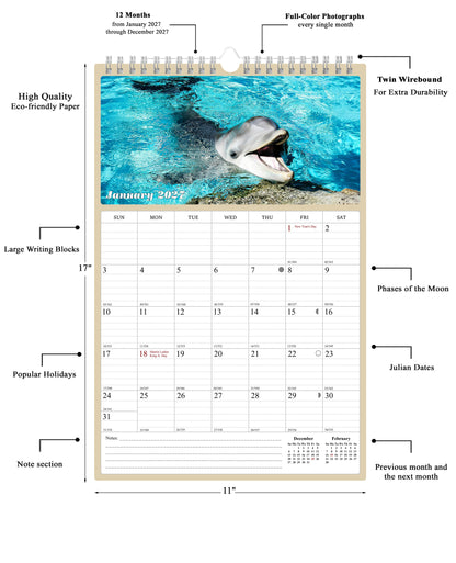 2027 Wall Calendar Spiral-bound Twin-Wire Binding - 12 Months Planner - Large Ruled Blocks with Julian Dates - (Dolphins)