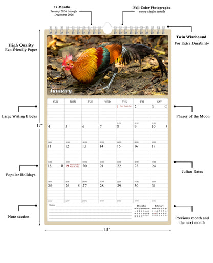 2026 Wall Calendar Spiral-bound Twin-Wire Binding - 12 Months Planner - Large Ruled Blocks with Julian Dates - (Roosters)