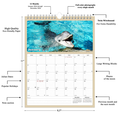 2026 Wall Calendar Spiral-bound Twin-Wire Binding - 12 Months Planner - Large Ruled Blocks with Julian Dates - (Dolphins)