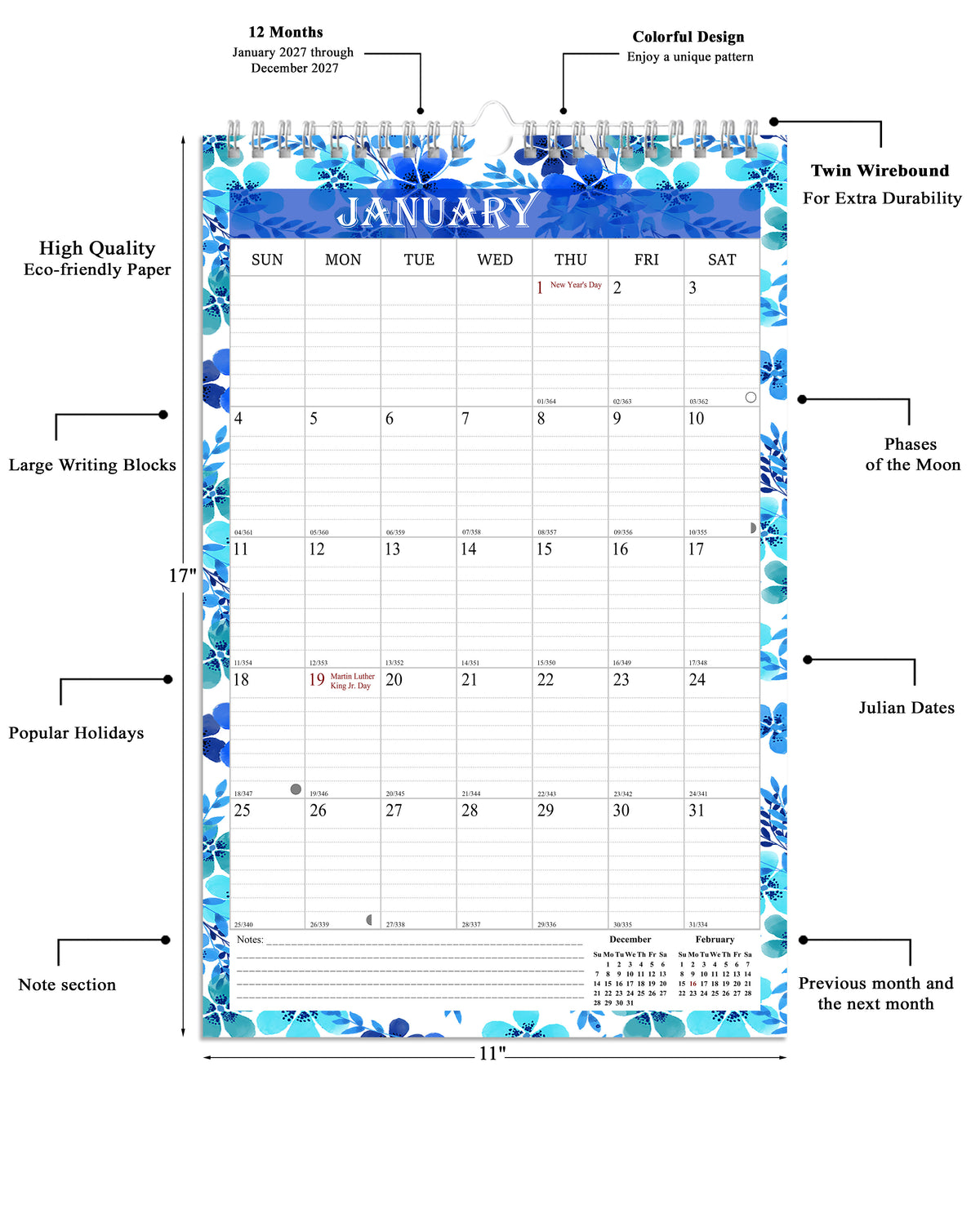 2027 Wall Calendar Spiral-Bound Twin-Wire Binding - 12 Months  01