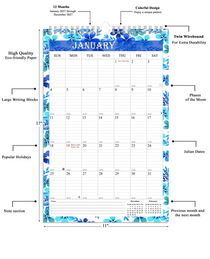 2027 Wall Calendar Spiral-Bound Twin-Wire Binding - 12 Months  01