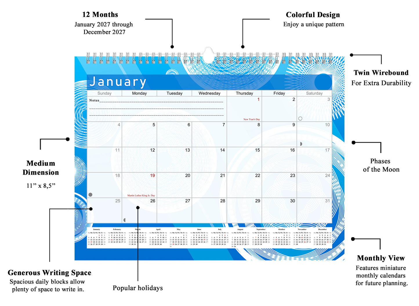 2026-2027 Monthly Spiral-Bound Wall / Desk Calendar - Desktop / Wall Blotter Calendar / Planner - (Edition #02)