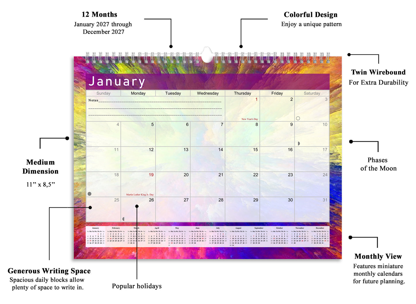 2026-2027 Monthly Spiral-Bound Wall / Desk Calendar - Desktop / Wall Blotter Calendar / Planner - (Edition #26)
