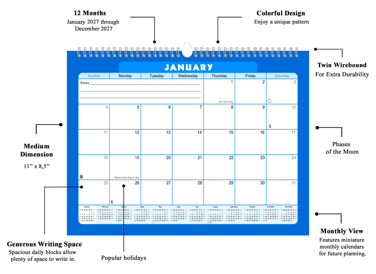 2026-2027 Monthly Spiral-Bound Wall / Desk Calendar - Desktop / Wall Blotter Calendar / Planner - (Edition #06)