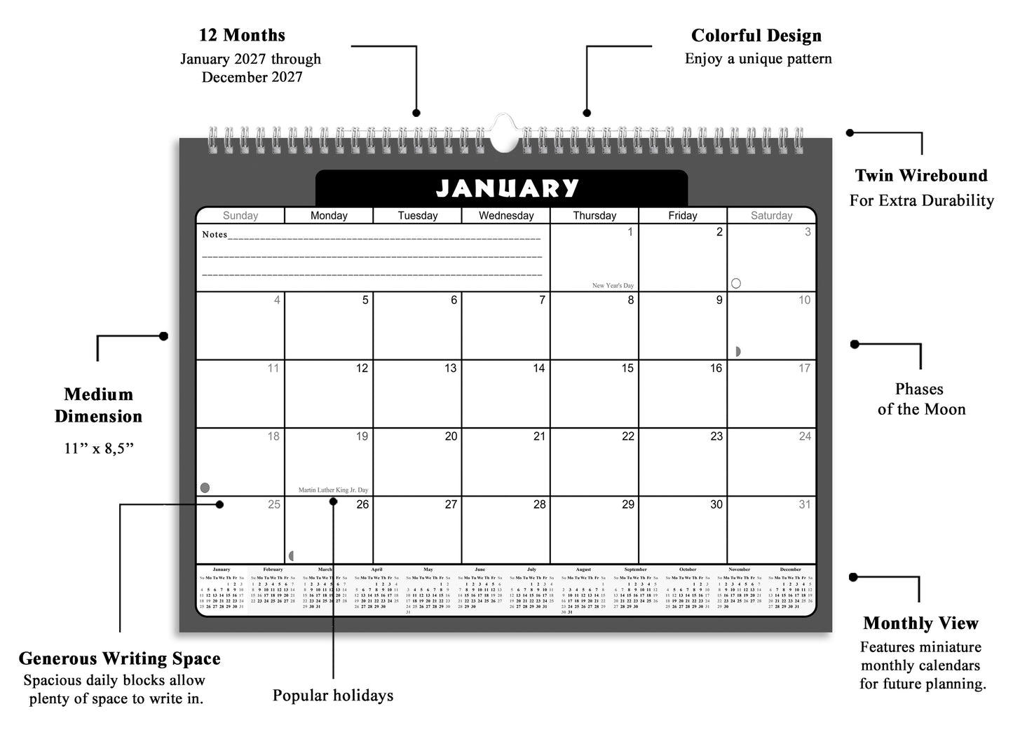 2026-2027 Monthly Spiral-Bound Wall / Desk Calendar - Desktop / Wall Blotter Calendar / Planner - (Edition #31)