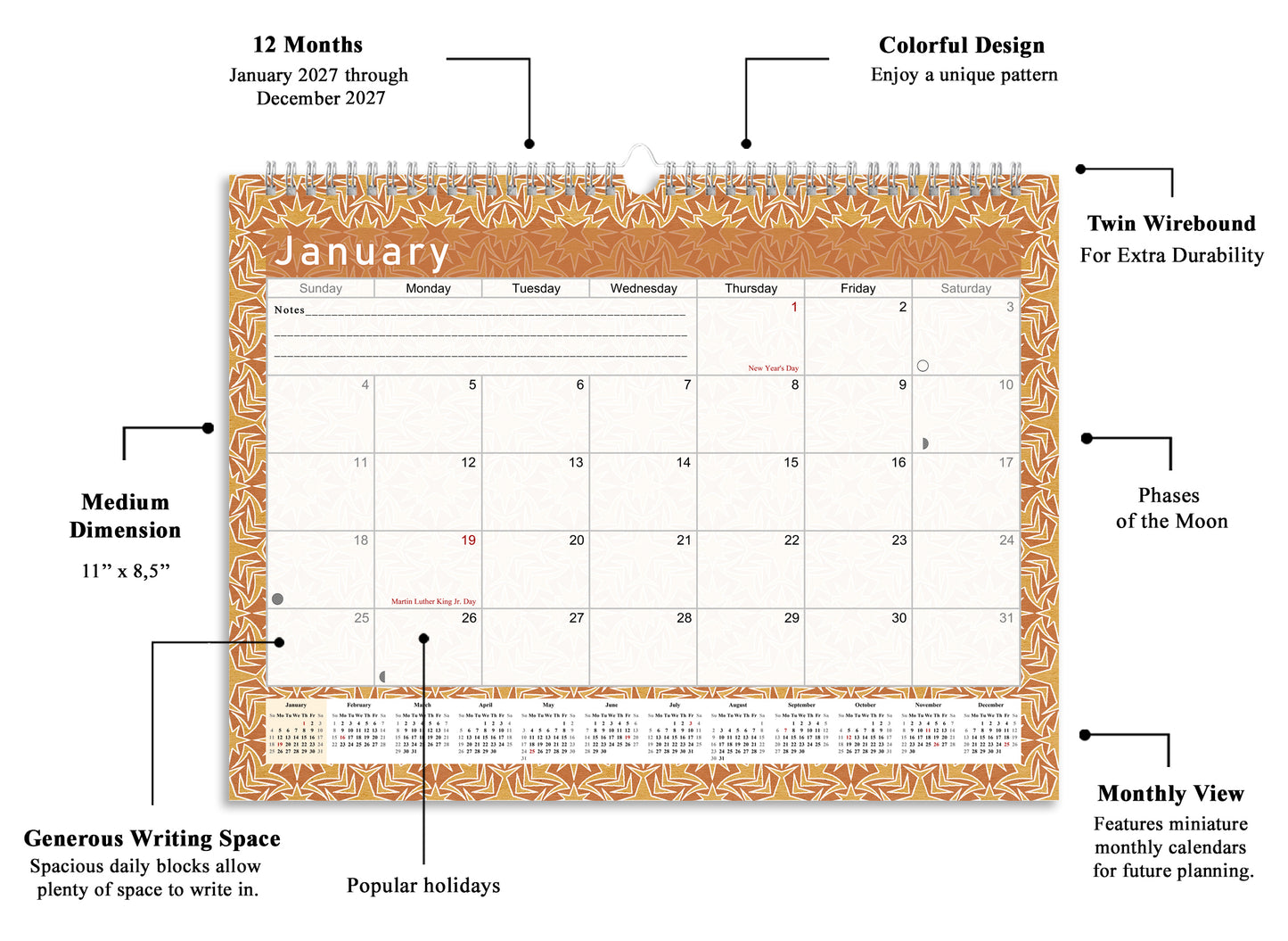 2026-2027 Monthly Spiral-Bound Wall / Desk Calendar - Desktop / Wall Blotter Calendar / Planner - (Edition #25)