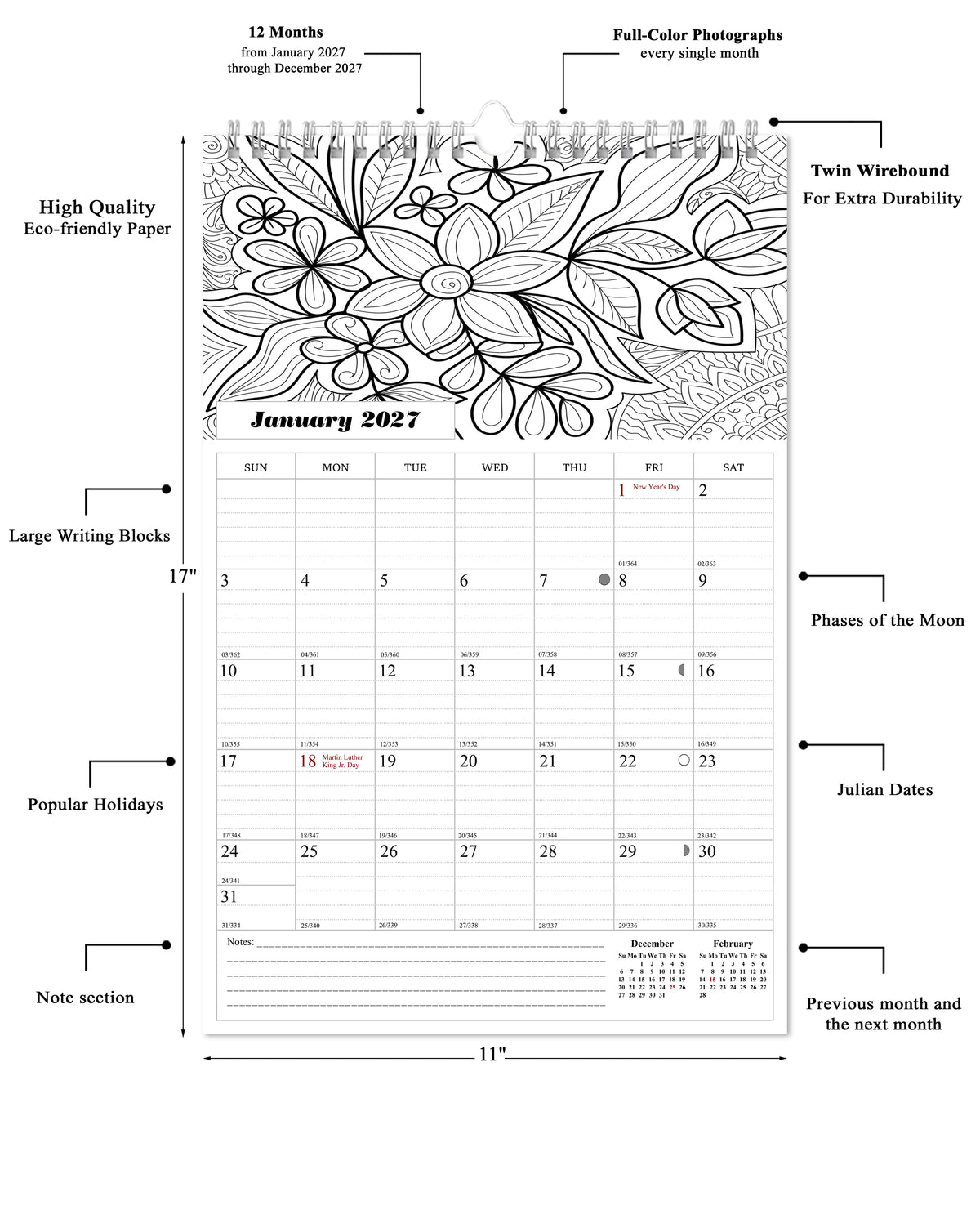 2027 Wall Coloring Calendar Spiral-bound Twin-Wire Binding - 12 Months Planner - Large Ruled Blocks with Julian Dates - (Flowers)