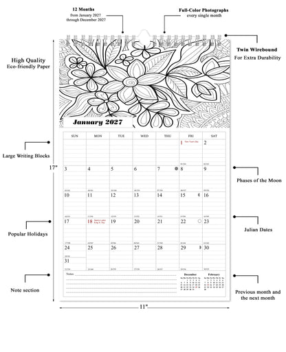 2027 Wall Coloring Calendar Spiral-bound Twin-Wire Binding - 12 Months Planner - Large Ruled Blocks with Julian Dates - (Flowers)