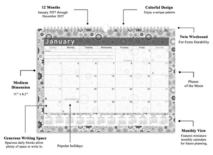 2026-2027 Monthly Spiral-Bound Wall/Desk Calendar - Desktop/Wall Blotter Calendar/Planner - (Edition B&W #020)