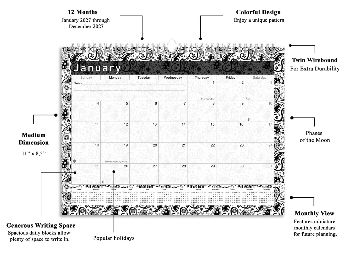 2026-2027 Monthly Spiral-Bound Wall / Desk Calendar - Desktop / Wall Blotter Calendar / Planner - (Edition #11)