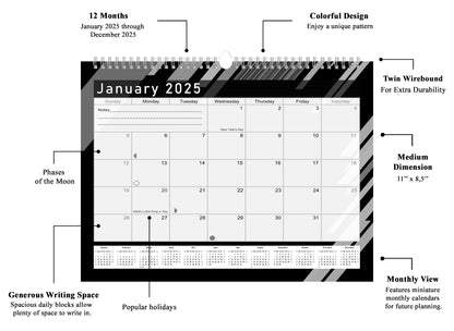 2024-2025 Monthly Spiral-Bound Wall/Desk Calendar - Desktop/Wall Blotter Calendar/Planner - (Edition B&W #013)