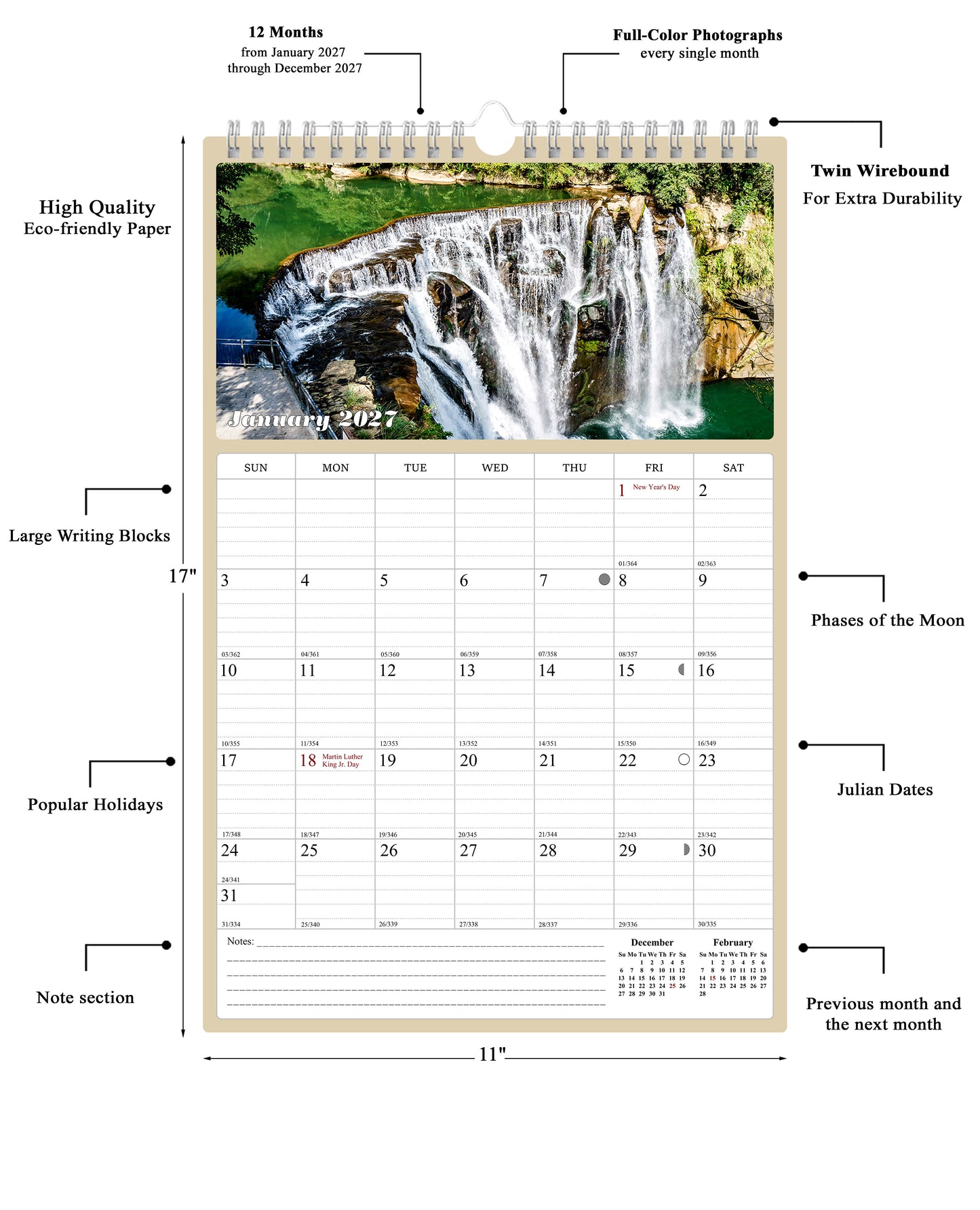 2027 Wall Calendar Spiral-bound Twin-Wire Binding - 12 Months Planner - Large Ruled Blocks with Julian Dates - (Waterfalls)
