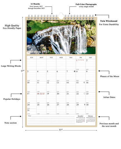 2027 Wall Calendar Spiral-bound Twin-Wire Binding - 12 Months Planner - Large Ruled Blocks with Julian Dates - (Waterfalls)