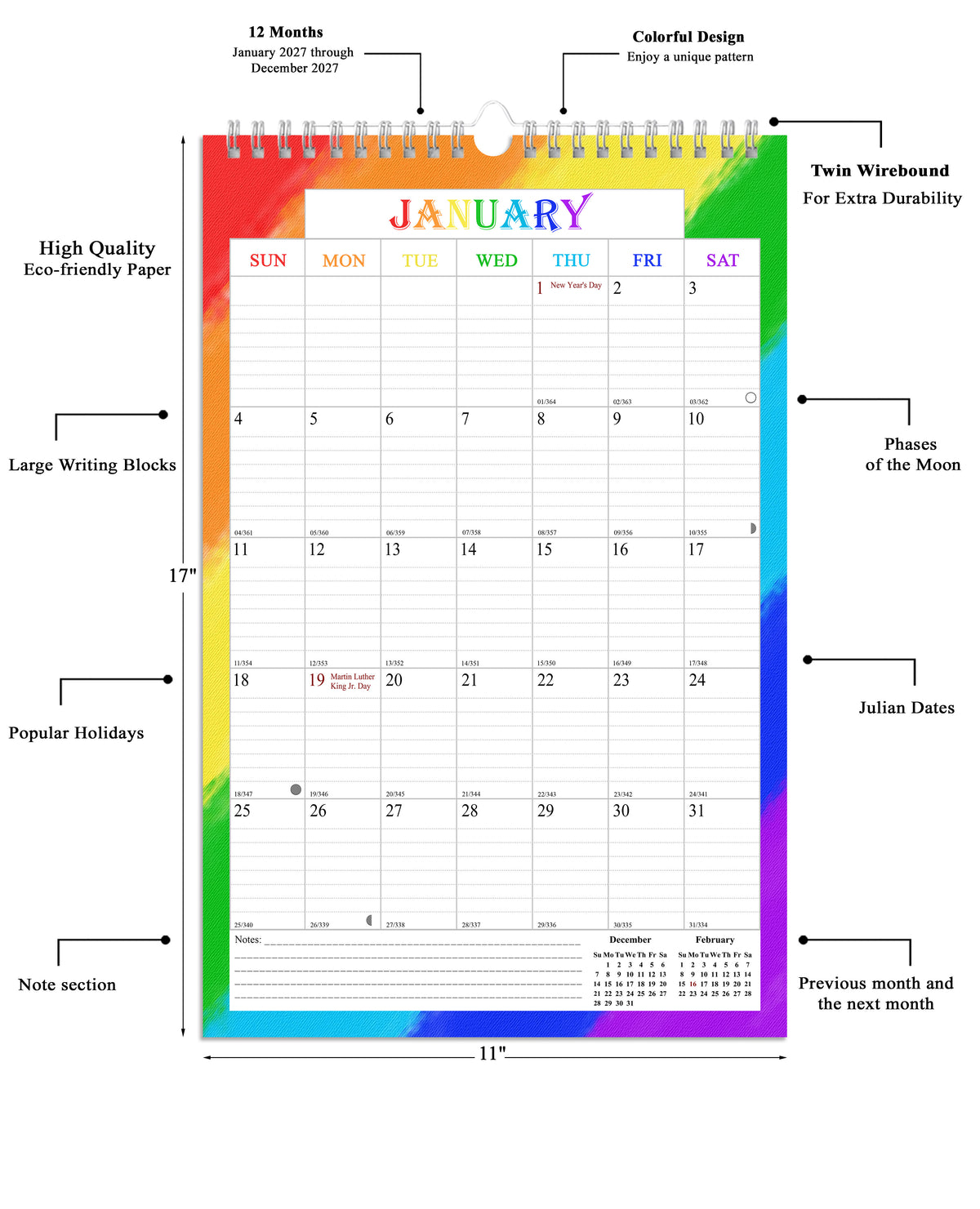 2027 Wall Calendar Spiral-Bound Twin-Wire Binding - 12 Months  07