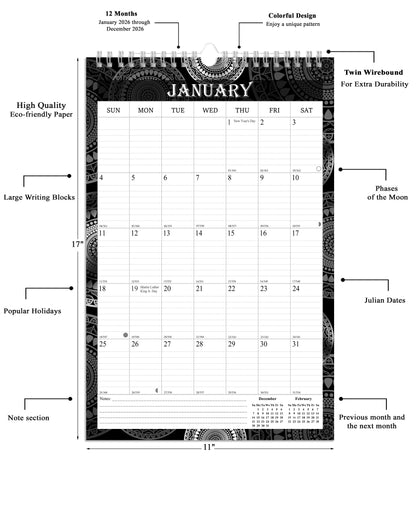 2026 Wall Calendar Spiral-Bound Twin-Wire Binding - 12 Months  09 B&W