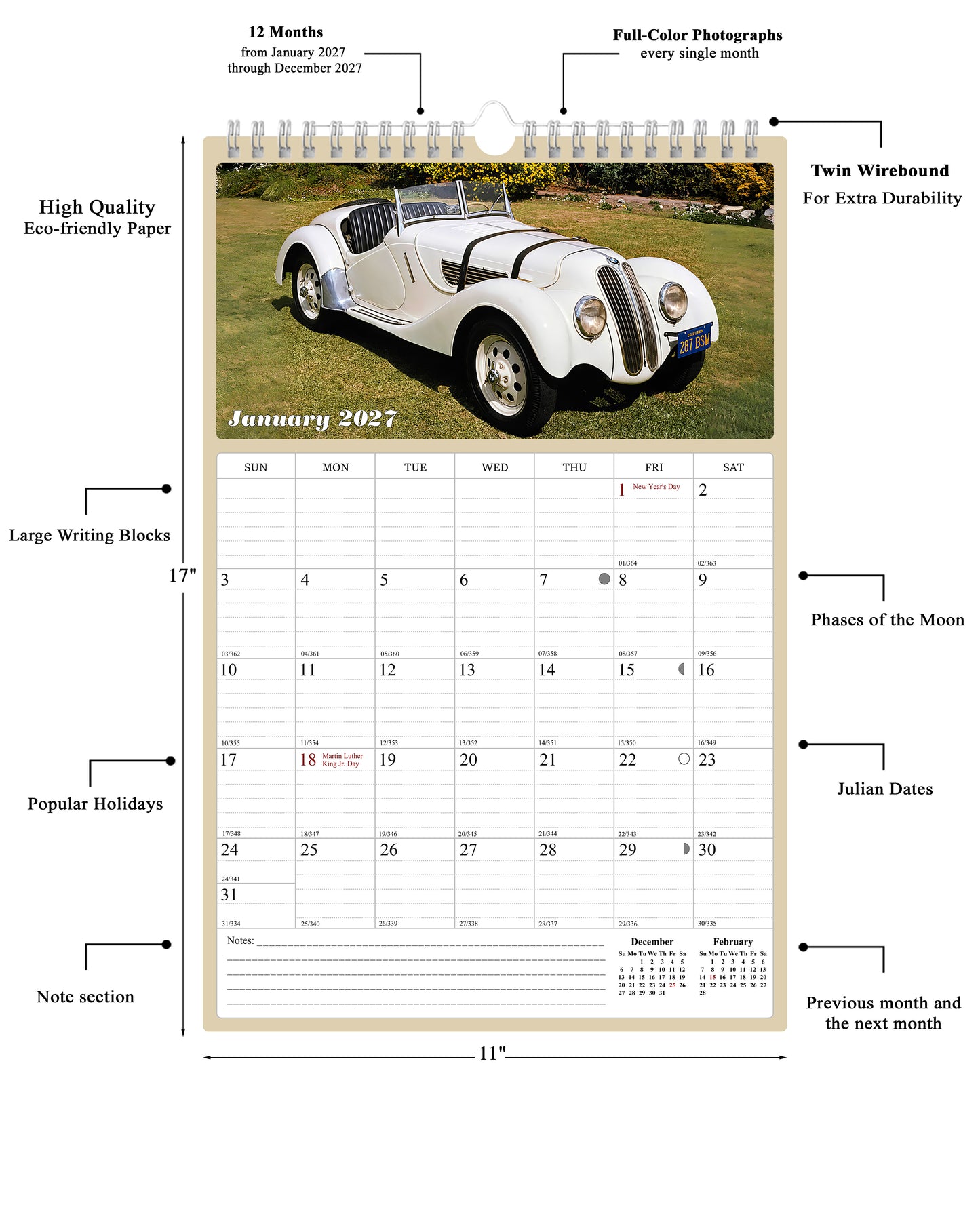 2027 Wall Calendar Spiral-bound Twin-Wire Binding - 12 Months Planner - Large Ruled Blocks with Julian Dates - (Classic Cars)