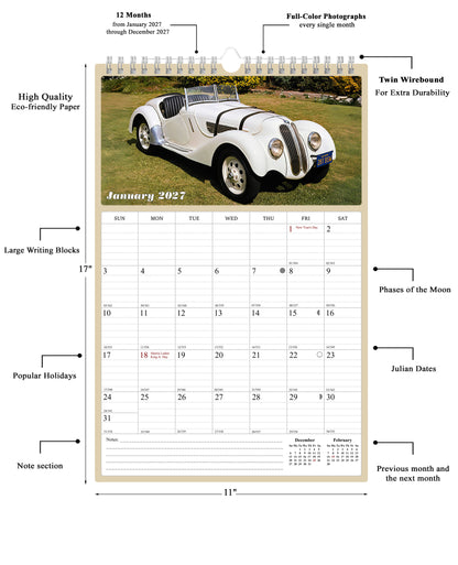 2027 Wall Calendar Spiral-bound Twin-Wire Binding - 12 Months Planner - Large Ruled Blocks with Julian Dates - (Classic Cars)