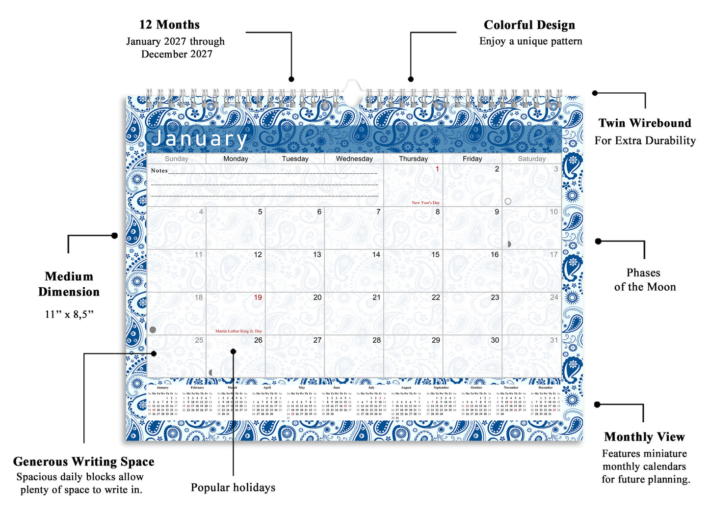 2026-2027 Monthly Spiral-Bound Wall / Desk Calendar - Desktop / Wall Blotter Calendar / Planner - (Edition #21)
